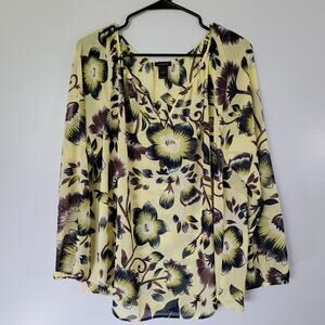 Ann Taylor Butter Yellow Floral Chiffon Top Sz L Cottagecore Feminine Office
